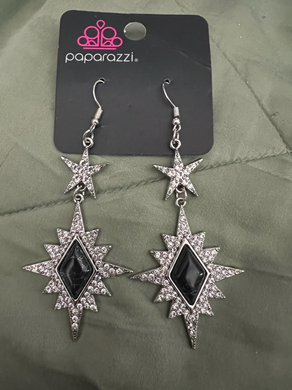 paparazzi Silver and Black Starburst Dangle Earrings